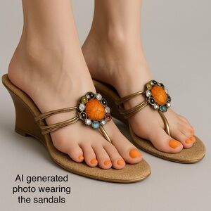 NEW Metro Antique Gold Wedge Sandals with Floral Embellishment Size 9 NWOT